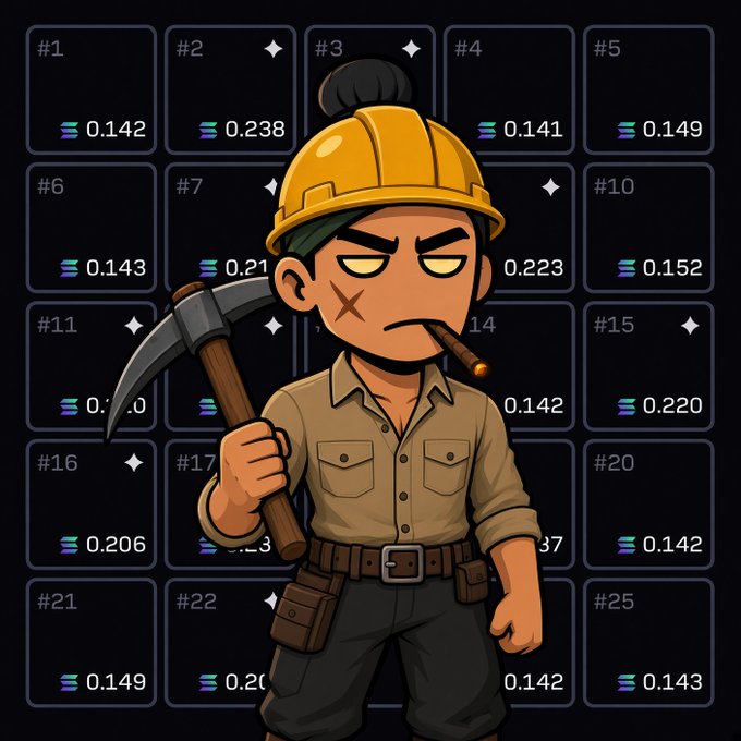A cartoon illustration of a grumpy construction worker wearing a yellow hard hat, smoking a cigar, and holding a pickaxe, standing in front of a dark interface displaying numbered cards with Solana (SOL) values like 0.142, 0.238, and 0.149.