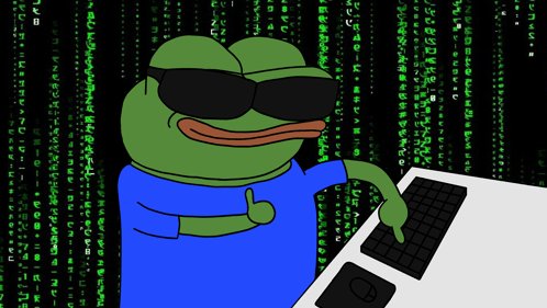 A digital illustration of Pepe the Frog wearing sunglasses and a blue shirt, giving a thumbs up while sitting at a computer keyboard against a green digital rain Matrix background.