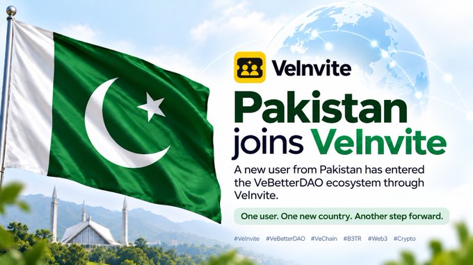 A promotional graphic announcing 'Pakistan joins VeInvite' featuring the Pakistani flag, with text stating 'A new user from Pakistan has entered the VeBetterDAO ecosystem through VeInvite,' along with hashtags #Velnvite #VeBetterDAO #VeChain #B3TR #VWeb3 #Crypto.