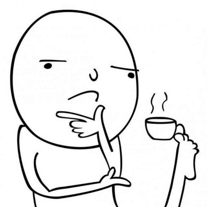 A minimalist line drawing meme of a bald person with a skeptical expression, pointing at a steaming cup of coffee or tea held in their other hand.