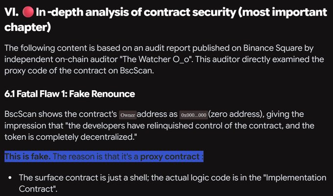 A text-based slide titled 'VI. In-depth analysis of contract security' discusses a 'Fatal Flaw 1: Fake Renounce' regarding proxy contracts, with a key sentence highlighted in blue.