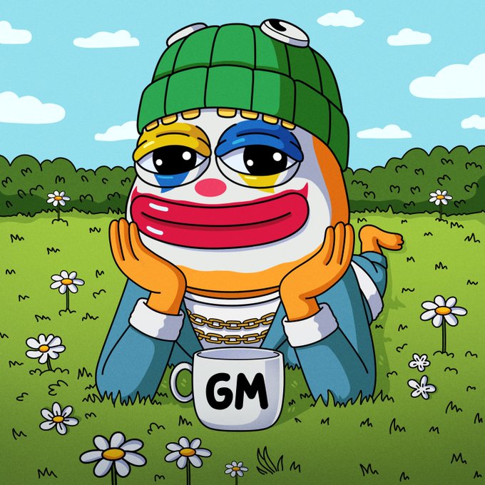 A cartoonish clown frog character wearing a green beanie lies in a flower-filled meadow, resting its face on its hands behind a white mug labeled "GM." The image playfully illustrates the "gm" wellness break mentioned in the post, showing the character recharging in a peaceful grassy setting before returning to create FROGE-themed personality avatars.