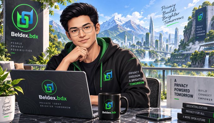 An illustrated advertisement for 'Beldex.bdx' featuring a young man with glasses using a laptop branded with the Beldex logo, surrounded by slogans like 'Privacy Builds Brighter Tomorrow' and 'A Privacy Powered Tomorrow'.
