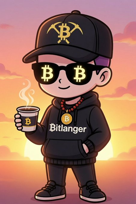 A chibi-style cartoon character wearing a black cap and sunglasses featuring the Bitcoin logo, dressed in a hoodie labeled "Bitlanger," holds a steaming coffee cup adorned with the ₿ symbol against a warm sunset backdrop. The image embodies the post's message of resilience, depicting a confident Bitcoin enthusiast casually enjoying their morning coffee—unfazed by market volatility and embodying the "strong hands" mindset that thrives during red markets.