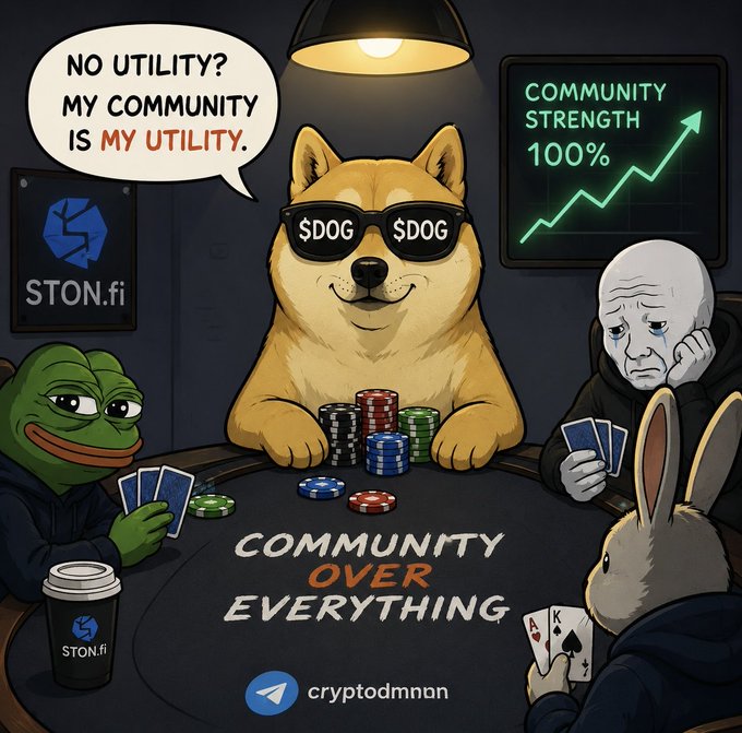 The image features a cartoon dog wearing sunglasses sitting at a poker table with two other characters - a frog and an owl, who are also wearing sunglasses. The text above them reads "no utility? my community is my utility", which suggests that they might be discussing the importance of their community's utility in comparison to traditional utilities like electricity or water. This could be related to the world of cryptocurrency, where attention moves quickly through various platforms and communities can have a significant impact on the value of digital assets. The post also mentions STON.fi, which is likely a platform for trading cryptocurrencies such as Bitcoin.