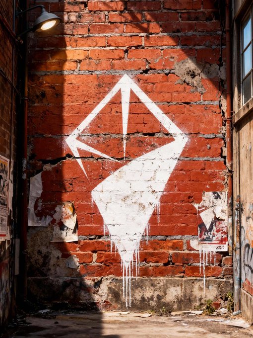 A graffiti mural of a large white diamond/gemstone shape painted on a weathered red brick wall in an alleyway, with paint dripping down and torn posters nearby.