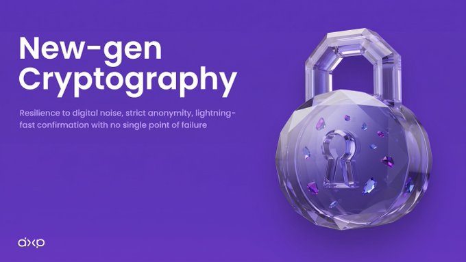 A purple promotional graphic titled "New-gen Cryptography" by "axp" with the tagline "Resilience to digital noise, strict anonymity, lightning-fast confirmation with no single point of failure", showing a 3D translucent padlock containing purple crystals.