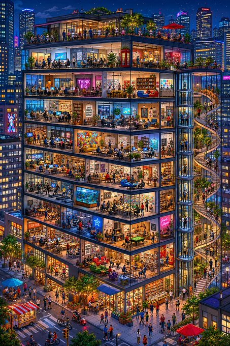 A detailed isometric illustration of a bustling multi-story vertical building at night, featuring various shops, cafes, offices, a rooftop bar, and a glass elevator with a spiral staircase, surrounded by a city skyline.