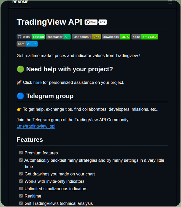 A GitHub README page for the "TradingView API" project (4.1k stars, 187k downloads) advertising its ability to retrieve real-time market prices and indicator values from TradingView, with features including automatic strategy backtesting, premium tools, and technical analysis extraction.