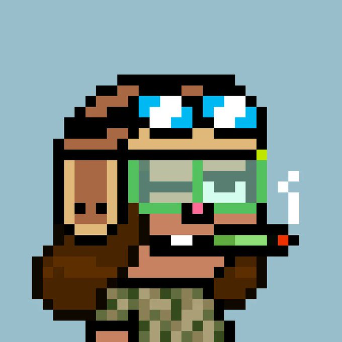 A pixel art illustration depicts a bearded character wearing blue-tinted goggles and green face paint, with a monkey-like companion on his shoulder and what appears to be a cigarette in his mouth. The gritty, edgy artwork aligns with the post's promotion for a "Pops" NFT project whitelist offering on Robinhood.