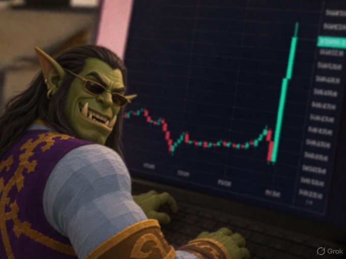 A 3D-rendered orc character with long dark hair and sunglasses grinning at a stock chart showing a sharp upward green candlestick spike, marked with a Grok watermark.