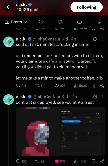 A social media screenshot from user a.c.k. (@lphaCentauriKid) announcing a collection sold out in 5 minutes and sharing a contract deployment link for 'Argonaut #0013'.