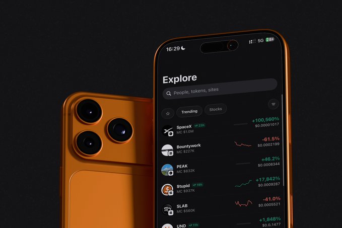 The image shows a cell phone displaying its exploration screen, which has information about different tokens like Base and Solana. The phone's display includes details such as buy and hold options for both chains, along with the current trends of these tokens on both chains. Additionally, there is an option to view user feedback or report bugs related to the app.