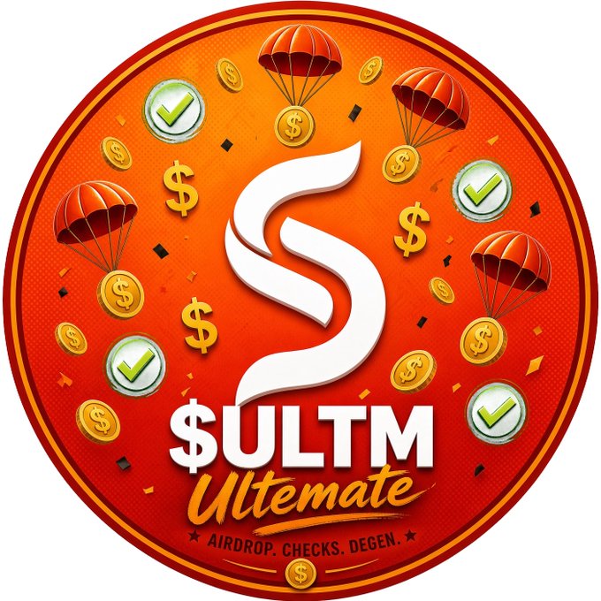 A circular orange badge for '$ULTM' featuring a white stylized 'S' logo, surrounded by gold coins with parachutes, dollar signs, and green checkmarks, with the subtitle 'Airdrop. Checks. Degen.'
