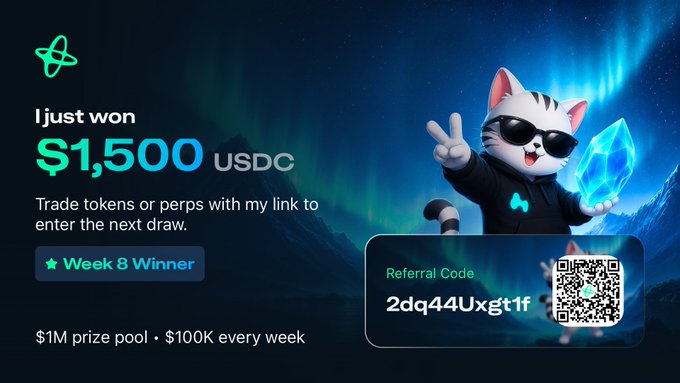 A promotional banner celebrating a 'Week 8 Winner' who won $1,500 USDC, featuring a cartoon cat mascot holding a blue crystal, with a referral code '2dq44Uxgt1f' and a QR code against a northern lights background.