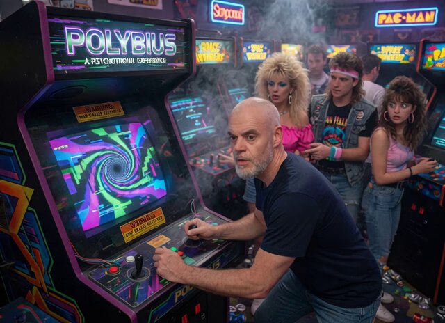 The image shows a man playing a video game at an arcade booth labeled "Polybius". The booth has neon lights, and there are several other people standing around watching him play. A sign above the booth reads "Arcade" with a warning that says "A Psychedelic Experience".