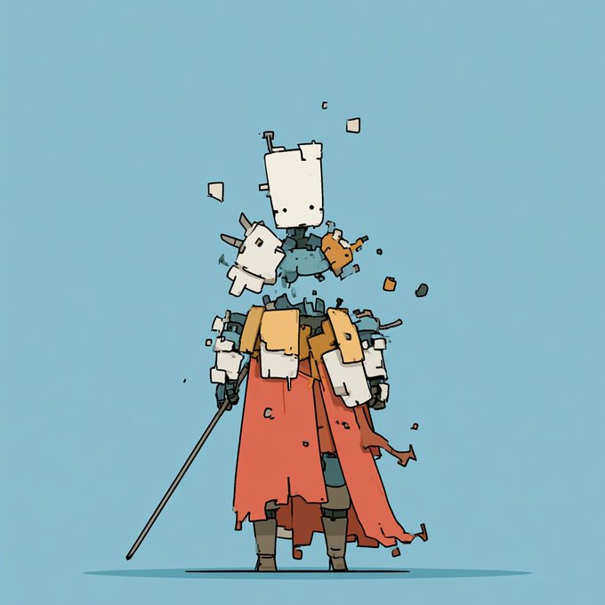 A weathered robotic knight in a tattered red cloak holds a sword while its fragmented armor pieces appear to be falling away, visually echoing the post's theme of being "Overwhelmed." The pixelated, glitching figure conveys a sense of digital decay and breakdown, fitting for an NFT collection being promoted on OpenSea.