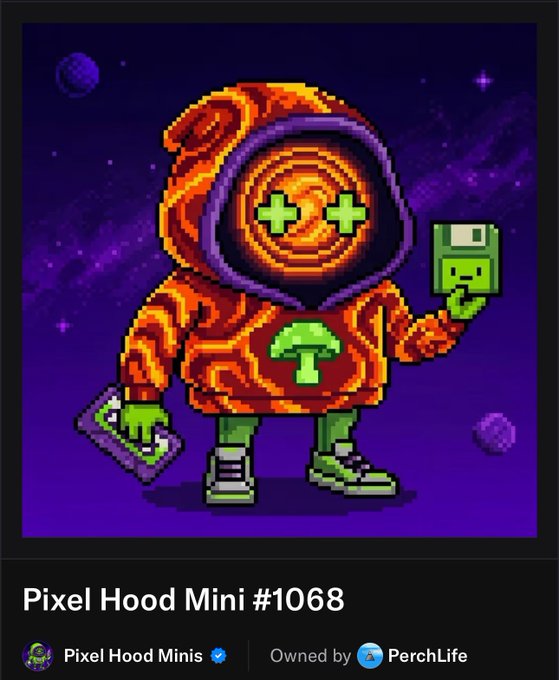 A pixel art NFT titled "Pixel Hood Mini #1068" depicts a character in an orange/red marbled hoodie with green cross eyes, green shoes, and a mushroom logo on the chest, holding a green card. The artwork is by "Pixel Hood Minis" and "Owned by PerchLife" on a purple cosmic background.