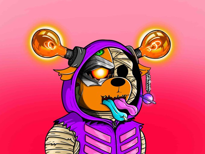 A cartoon illustration of a zombie/mummy character wearing a purple hoodie, with glowing orange lightbulbs attached to its head and a glowing orange eye, against a pink gradient background.