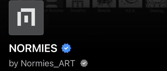 A dark digital profile display showing the logo and name 'NORMIES by Normies_ART' with verification checkmarks.