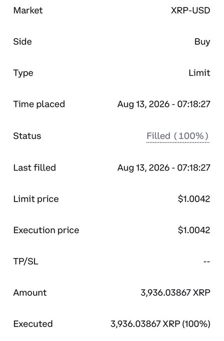A screenshot of a filled XRP-USD buy order at a limit price of $1.0042 for 3,936 XRP, executed on August 13, 2026—serving as proof of the poster's successful trade in response to skeptics who "laughed at" them.