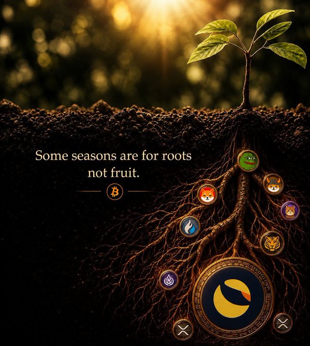 Inspirational crypto artwork featuring a small plant sprouting from soil with an extensive root system holding various meme/internet coins, with the quote 'Some seasons are for roots not fruit.' and a Bitcoin symbol.