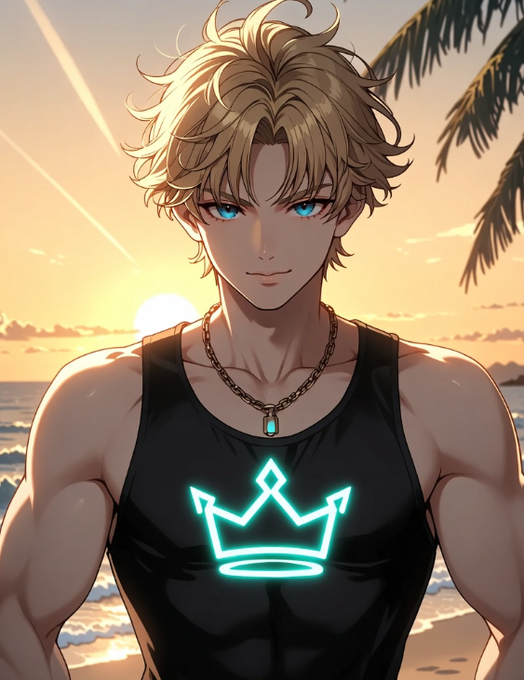 The image features a young man wearing a black tank top with a crown design on it, standing at the beach during sunrise or sunset. The setting sun casts an orange glow over the scene, creating a warm and serene atmosphere. The man's pose suggests he is posing for the photo, possibly to capture this beautiful moment.