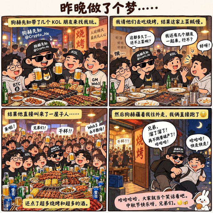 A four-panel Chinese comic titled '昨晚做了个梦' (Had a Dream Last Night) featuring the character 狗赫先知 (Crypto_He) and friends labeled BTC, KOL, GM, and Web3 enjoying barbecue skewers and beer, with a Mid-Autumn Festival greeting at the bottom.
