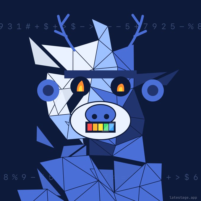 A stylized, low-poly digital illustration of a blue bear-like character with glowing orange eyes and a colorful chest emblem, set against a dark blue background with faint numbers and symbols.