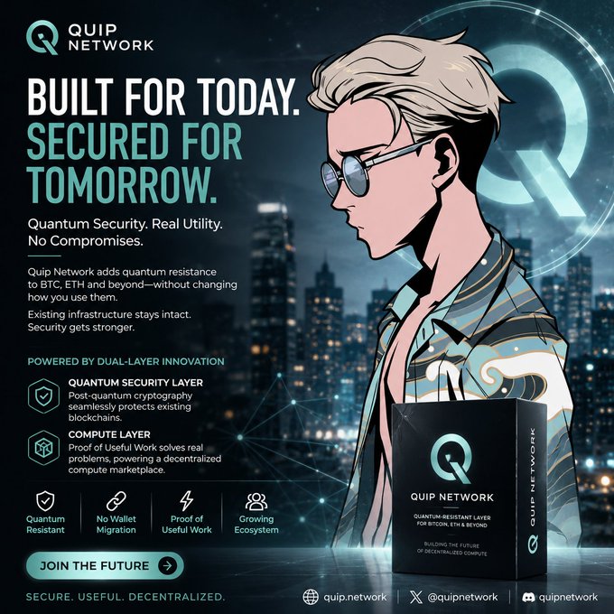 The image features a cartoon character wearing sunglasses, standing next to a city skyline at night. The text in the image reads "Built for today. Secured for tomorrow." This suggests that the image is promoting a product or service related to Quantum security.