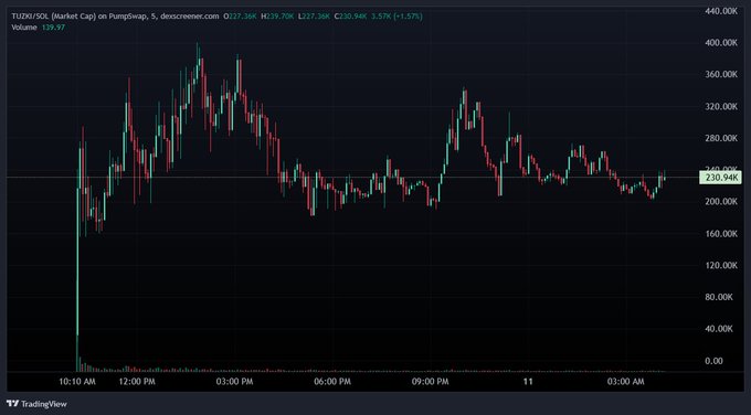 A TradingView chart displays the 5-minute price action for the TUDO/USDT trading pair on PumpSwap, showing the token's price fluctuating between approximately 160,000 and 400,000 TRY over the visible timeframe.