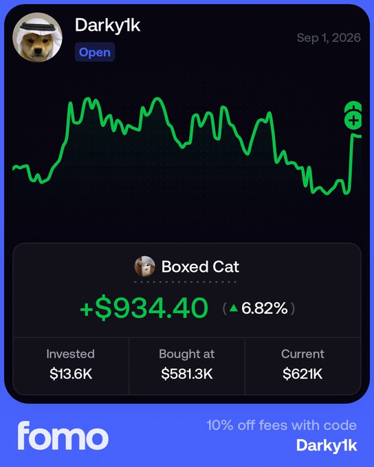 A trading card from fomo showing user "Darky1k" with a +$934.40 (6.82%) gain on $BOXED (Boxed Cat), with the post expressing strong conviction in the token by aping an additional 5k.