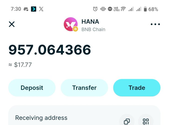 A mobile wallet screen showing a balance of 957.064366 HANA tokens (approximately $17.77) on the BNB Chain, with buttons for Deposit, Transfer, and Trade.