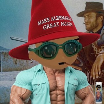 A muscular figure sports a red wide-brimmed hat with "MAKE ALBEMARLE GREAT AGAIN" printed in white letters, paired with green goggles, set against a Western-themed backdrop featuring a cowboy. The image plays on the "Who wore it better?" theme by showcasing a bold, meme-like mashup of political campaign merchandise and crypto culture references to KinfolksSolana and Albemarle_City.