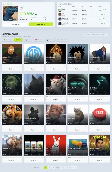 A cryptocurrency trading dashboard displays Tether (USDT) with a $10.89M market cap alongside a live market activity feed, followed by a grid of meme coin listings including Pepe, Wojak, Milady, and various cat-themed tokens. The "Explore coins" section features dozens of newly launched tokens with low market caps, illustrating the post's reference to DYOR Swap DEX being in its early stages where users are actively trading emerging meme coins and discovering new bridging opportunities.