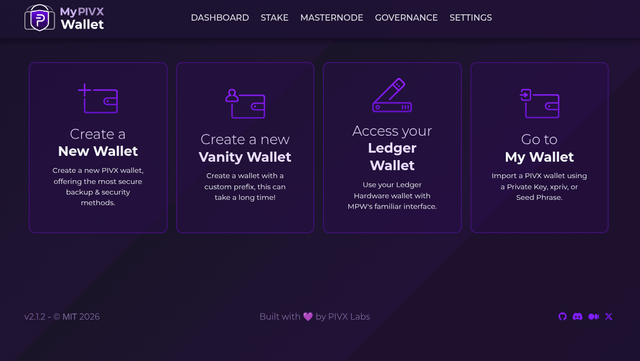 The MyPIVXWallet v2.1.2 dashboard displays four options: Create a New Wallet, Create a new Vanity Wallet, Access your Ledger Wallet, and Go to My Wallet, with navigation tabs for Dashboard, Stake, Masternode, Governance, and Settings.