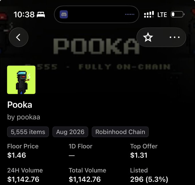 A screenshot of an NFT collection page on a mobile app showing "POOKA" by pookaa on Robinhood Chain, featuring 5,555 items with a floor price of $1.46 and 24H volume of $1,142.76. The collection page appears to be from the creator's perspective after they minted tokens publicly, as indicated by the post.