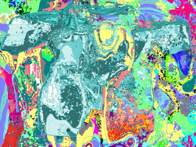 A heavily distorted, abstract image with vibrant splashes of teal, magenta, yellow, green, and purple that obscure any clear subject.