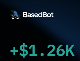 A dark digital graphic displaying a logo with "BasedBot" next to a gorilla icon, with the text "+$1.26K" highlighted in cyan below.