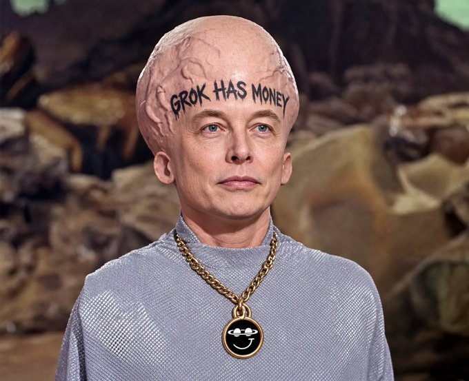 An image of Elon Musk with 'GROK HAS MONEY' written on his forehead, wearing a silver outfit and a gold chain with a smiley face pendant.