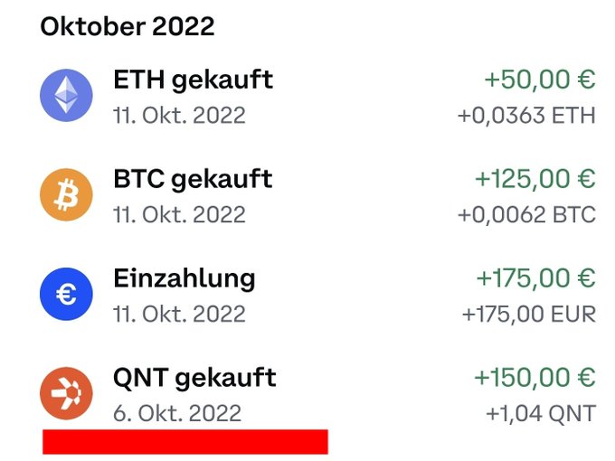 A German cryptocurrency transaction history from October 2022 showing purchases of ETH (+50,00 €), BTC (+125,00 €), a deposit (Einzahlung +175,00 €), and QNT (+150,00 €).
