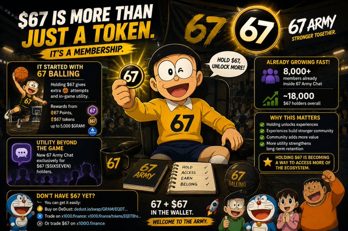 A promotional graphic for the "$67 ARMY" membership featuring a cartoon boy holding a "67" coin, highlighting that "$67 is more than just a token, it's a membership," with statistics showing 8,000+ members, -18,000 $67 holders, and detailing in-game rewards through "67 Balling" that includes extra attempts and access to utility. The accompanying text emphasizes the holder-first utility of the $67 ecosystem, noting how holding grants extra attempts in 67 Balling and rewards in 67 Points and $67 tokens, directly illustrating the membership perks advertised in the graphic.