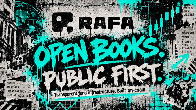 A graffiti-style promotional graphic for 'RAFA' with the slogan 'OPEN BOOKS. PUBLIC FIRST.' and text describing 'Transparent fund infrastructure. Built on-chain.'