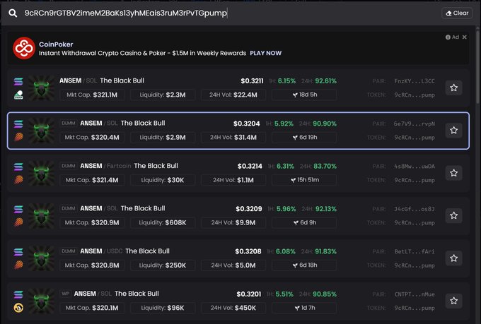 A cryptocurrency tracking interface showing multiple entries for the token 'The Black Bull' (ANSEM) across different chains like SOL, DAI, and USDC, with prices around $0.32 and a search bar displaying '9cRCn9rGT8V2imeM28BkSl3yhMEois3ruM3rPVTGpump'.