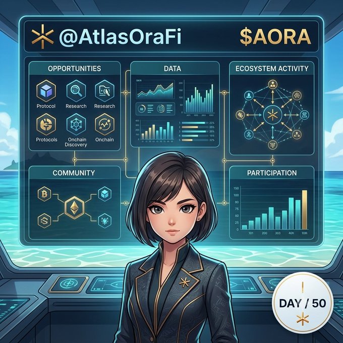 An illustrated dashboard for '@AtlasOraFi' featuring the ticker '$AORA'. The anime-style character is surrounded by sections for Opportunities, Data, Ecosystem Activity, Community, and Participation, with a 'DAY / 50' counter in the bottom right corner.