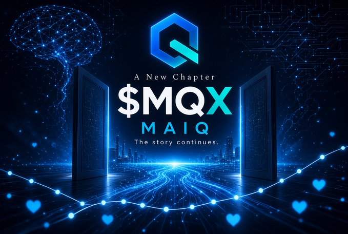 Promotional banner reading 'A New Chapter $MQX MAIQ — The story continues' featuring a blue neon digital cityscape with a glowing brain and heart icons.