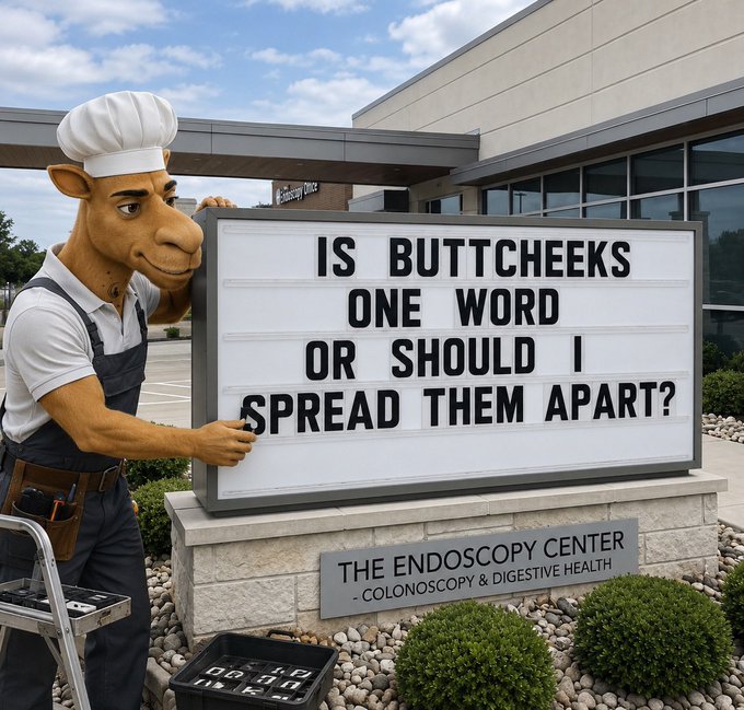 A humorous edited image showing a chef character holding a sign at 'THE ENDOSCOPY CENTER - COLONOSCOPY & DIGESTIVE HEALTH' that reads 'IS BUTTCHEEKS ONE WORD OR SHOULD I SPREAD THEM APART?'