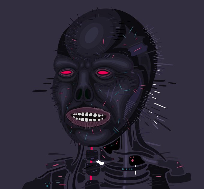 A stylized digital illustration depicts a dark, robotic humanoid figure with a menacing grin, glowing red eyes, and colorful glitch-like lines radiating outward against a dark purple background.