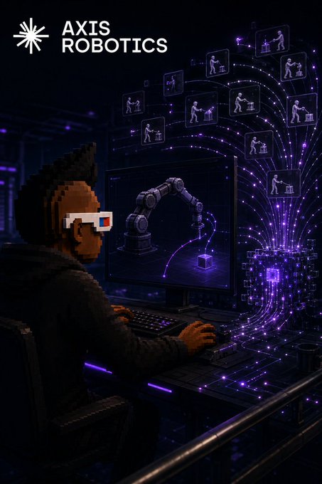 A pixel art-style illustration shows a person wearing a VR headset at a computer station, with purple glowing neural network connections extending to floating icons of robotic arms, with 'AXIS ROBOTICS' branding and logo at the top.