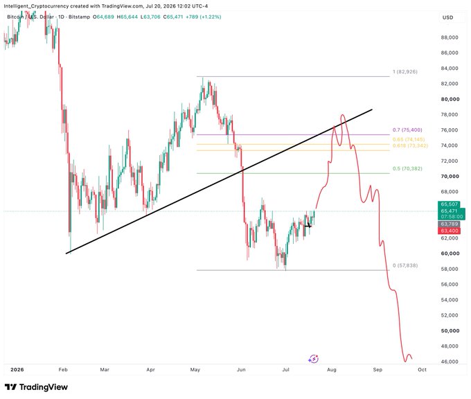 TradingView Bitcoin/USD daily chart from 2026 with Fibonacci retracement levels and a projected price trajectory showing a sharp decline toward $46,000 by October.